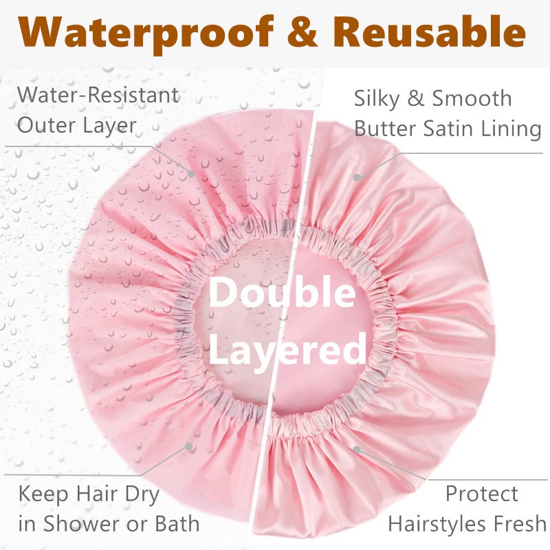 Himoswis Shower Cap for Women,Shower Cap for Long Hair,Hair Cap for Shower,Large Satin Lined Shower Caps for Women Reusable Waterproof,Shower Cap for Braids,Double Layer,Pink - Image 2